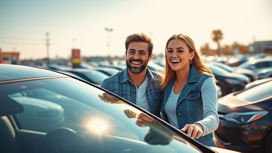 Happy couple inspects a shiny used car, reflecting rising used car prices and joy.