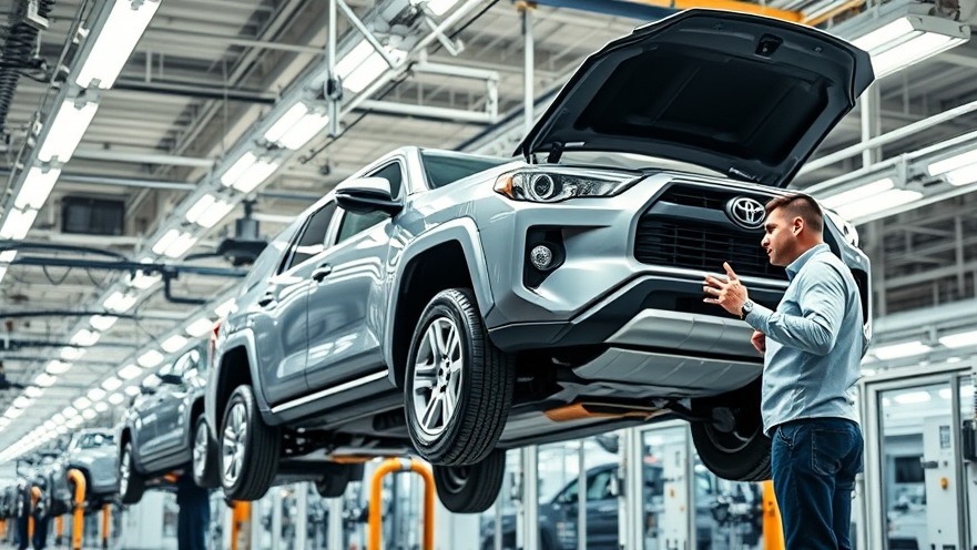 Futuristic car assembly line showcasing hybrid car sales with a suspended Toyota SUV.