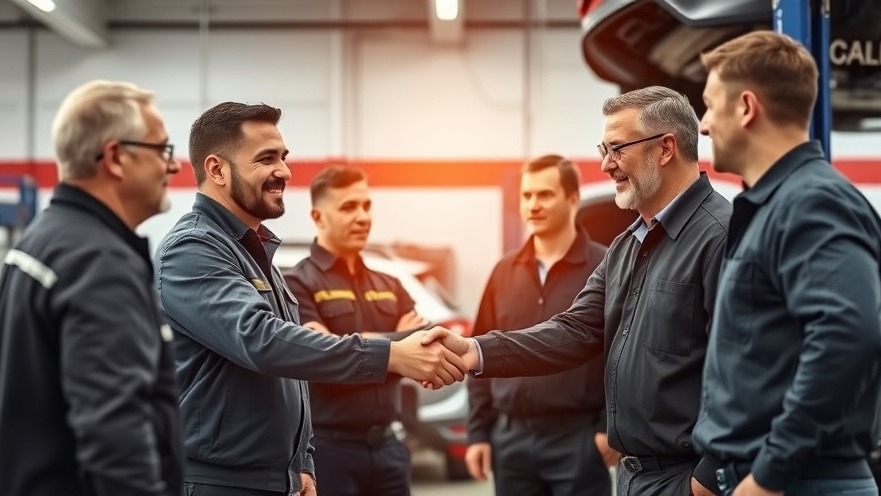 Auto repair management team shaking hands with industry partners in repair industry.