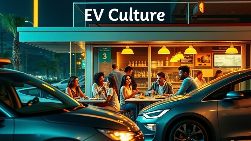Diverse group enjoying meals in a vibrant diner, showcasing electric vehicle culture.