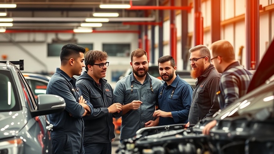 Collaboration in auto repair networking: technicians discussing electric vehicle trends.
