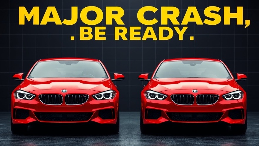 Photorealistic image of two red cars labeled 'Major Crash, Be Ready' highlighting rising car prices.