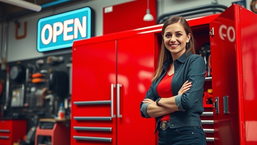 Confident woman empowering women in automotive beside a modern red tool cabinet.