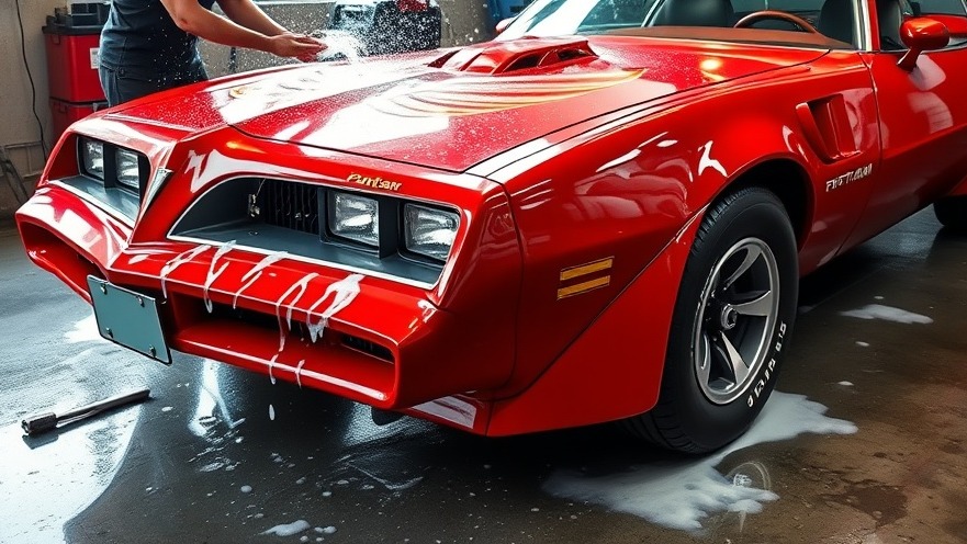 Glossy red Pontiac Trans Am being washed, a perfect classic car restoration project.