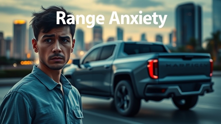 Individual expressing range anxiety next to a futuristic electric pickup truck.