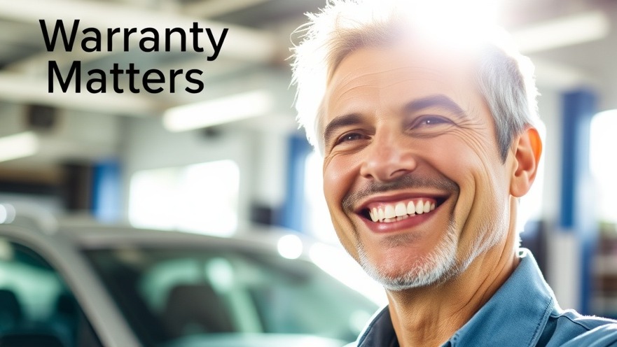Relieved car owner with Warranty Confidence, smiling in a bright auto repair shop.