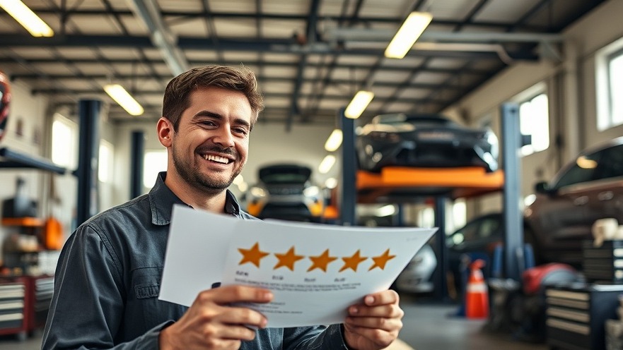 Smiling person reading five-star review in a bustling automotive repair shop, showcasing customer satisfaction.