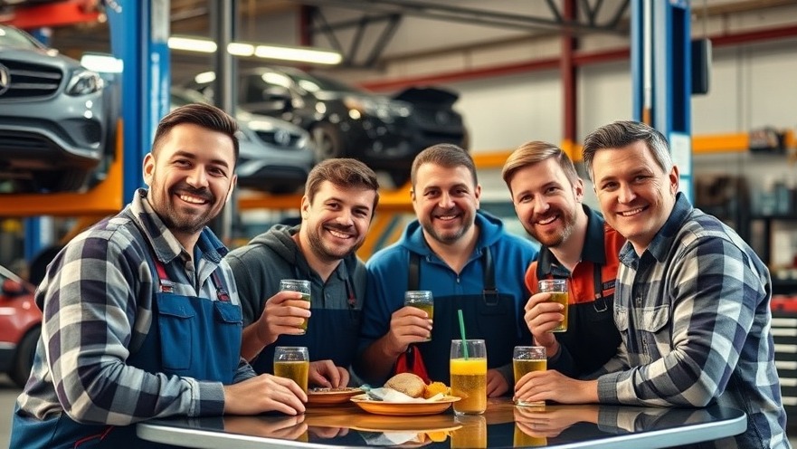 Cheerful auto repair crew enjoying lunch, fostering customer loyalty in auto repair.