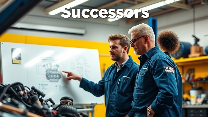 Mentor guiding apprentice in auto repair shop, enhancing leadership succession planning.