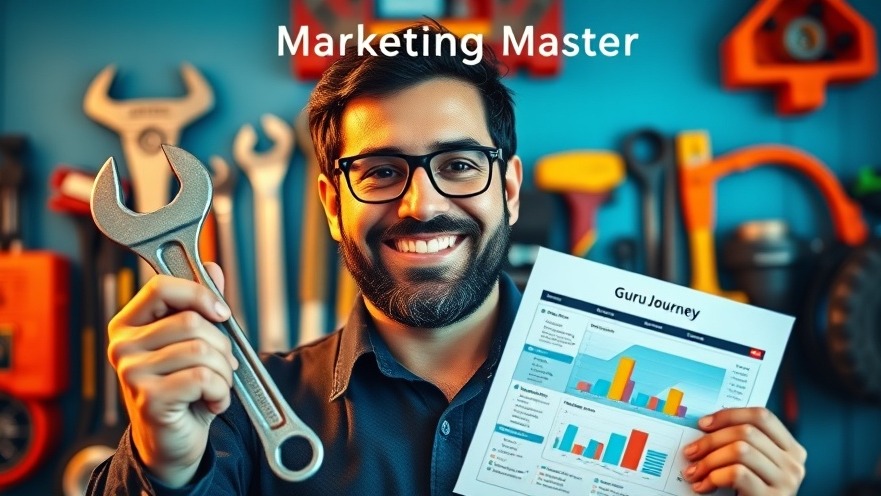 Enthusiastic teacher with wrench and marketing chart, showcasing automotive marketing insights.