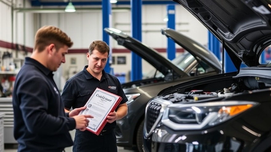 Certified auto technicians at a modern auto service center.