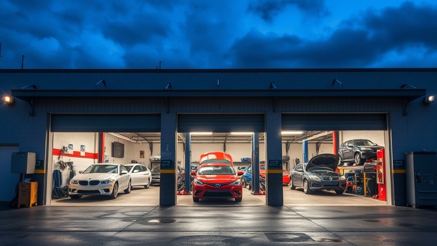 Professional auto shop exterior featuring garage bays for brake repair services