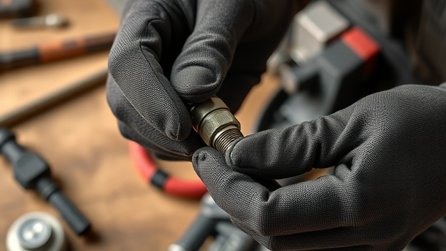 Close-up of gloved hands holding a spark plug for car care tips and maintenance.