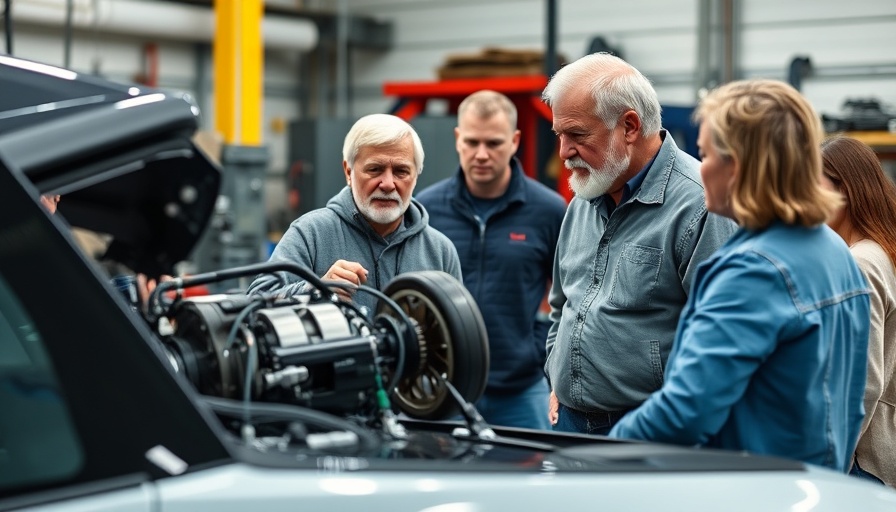 Electric vehicle repair workshop with instructor and students learning