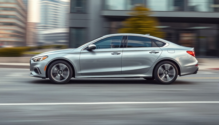 Silver sedan driving slowly in urban area, car slow to accelerate.