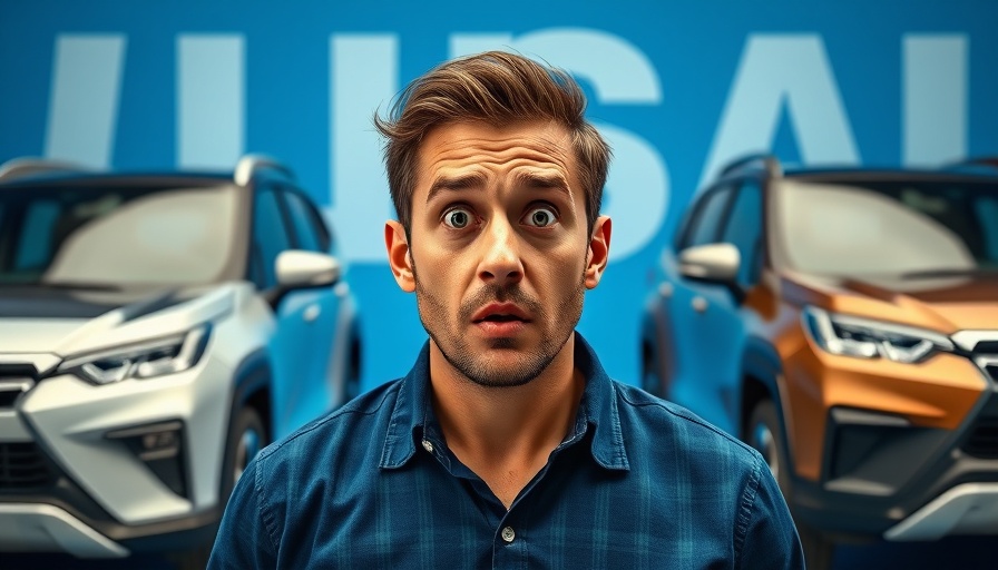 Surprised man next to modern cars, concerned about engine failures.