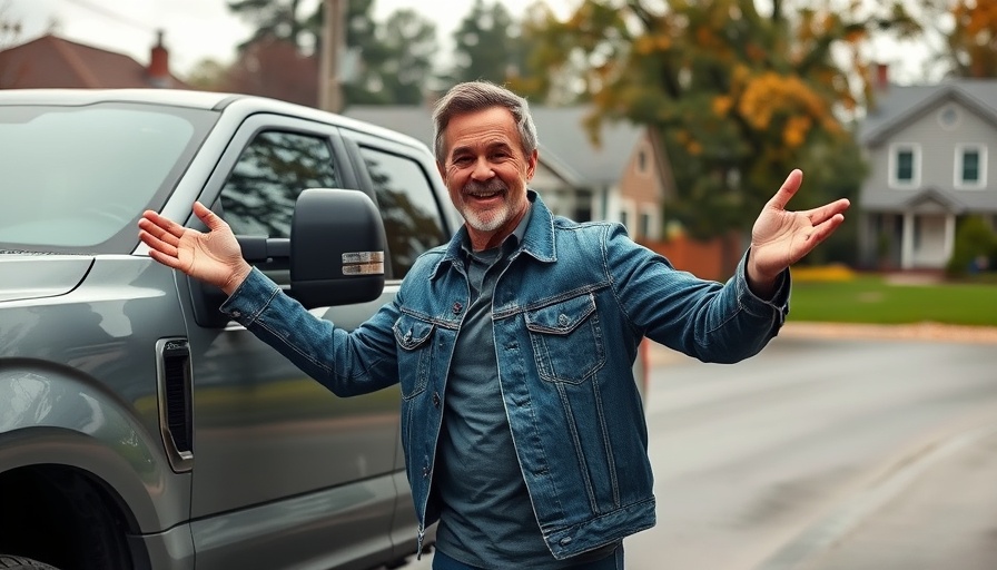 Animated man gesturing beside truck, suburban background.