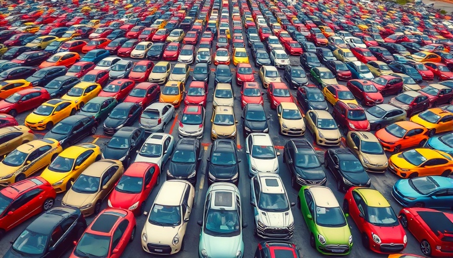 Aerial view of unsold cars lined up in a vast parking lot.