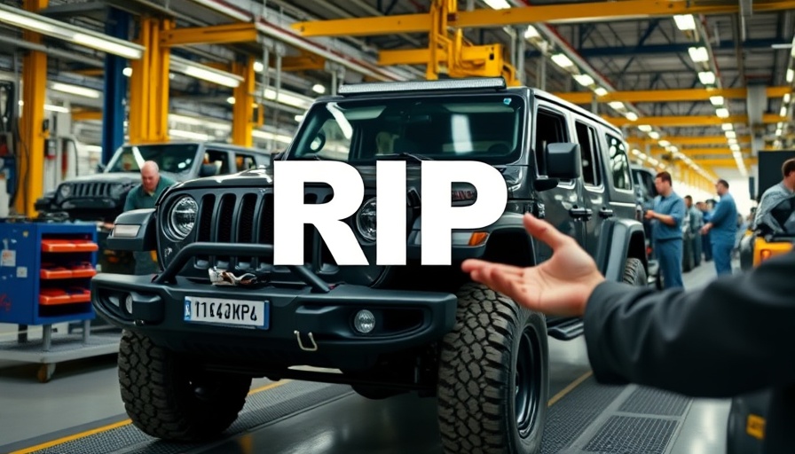 Stellantis layoffs and tariffs impact on car buying visualized with Jeep in factory.
