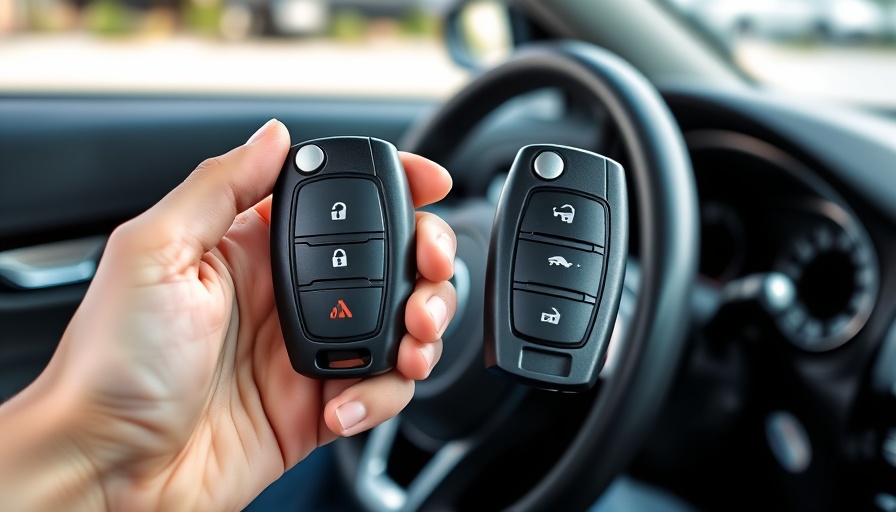 Close-up of hands holding car key fobs, programming at home.