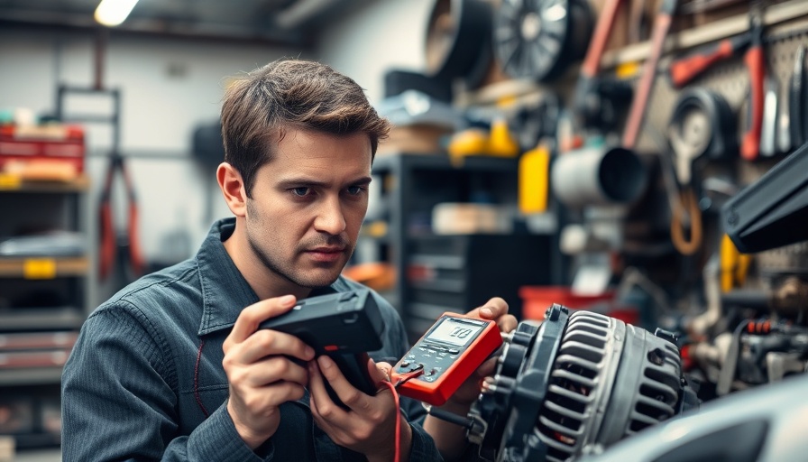 Mechanic testing car alternator in garage with multimeter.