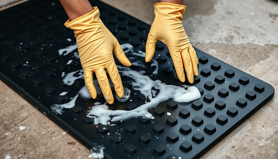 Cleaning rubber floor mats with soap and water outdoors.