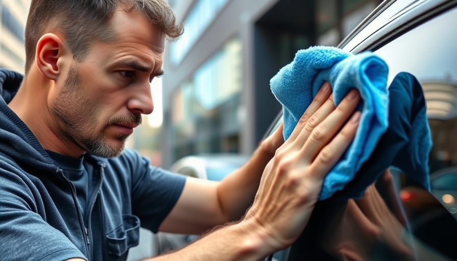Man using microfiber to remove water spots from car, cleaning technique showcased.