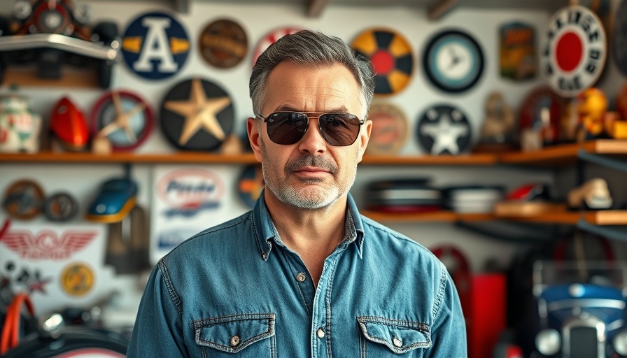 Man in garage with car memorabilia shelves, Tesla vs. BYD Electric Car Trends.