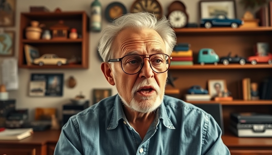 Discussion in home office with vintage decor and model cars.
