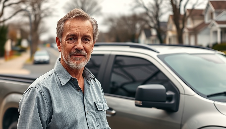 Middle-aged man beside a silver pickup truck on suburban street.
