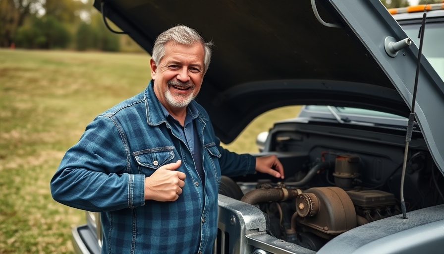 Middle-aged man pointing at $2,000 affordable used truck engine.