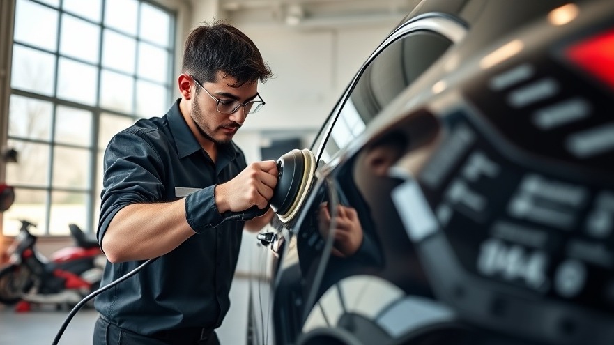Technician polishing dark car paint in garage