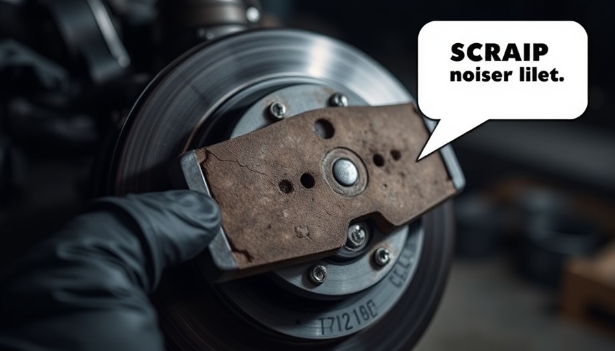 Worn brake pad showing scraping noise issue, close-up view.