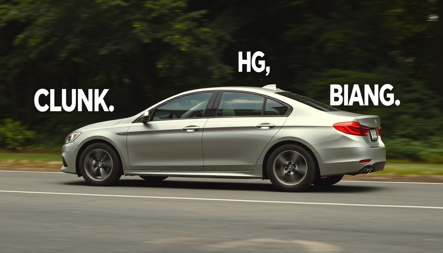 Silver sedan on road illustrating car suspension noises with trees in background.
