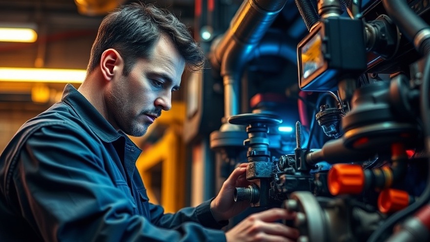 Mechanic diagnosing diesel emissions control system in a well-equipped workshop.