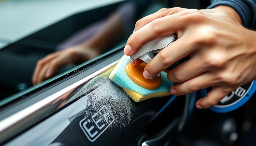 Close-up of hands restoring dull trim on a car with cleaner.