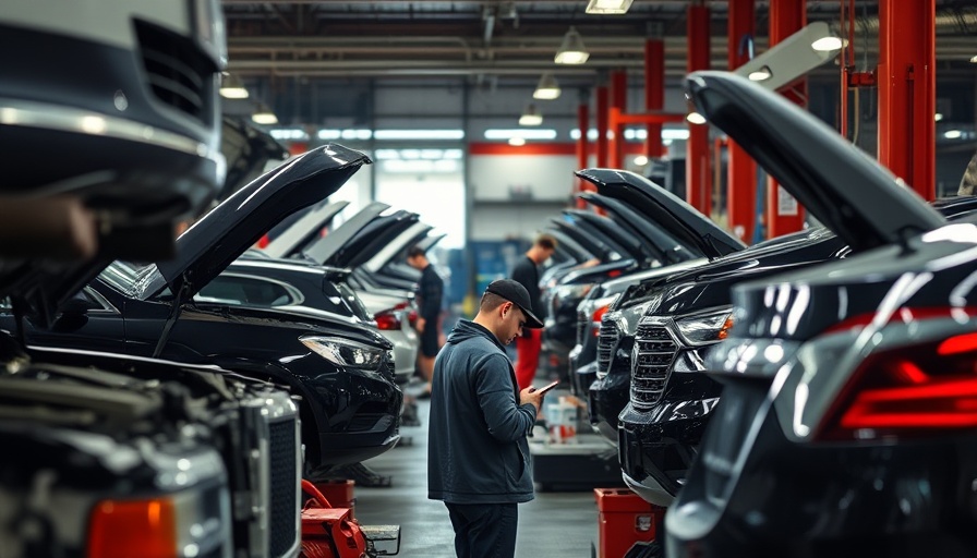 Mechanic in a busy repair shop inspecting vehicles, filling bays optimally.