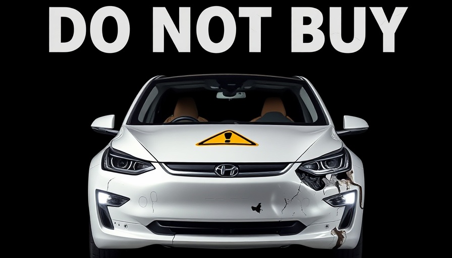 Damaged electric car with 'DO NOT BUY' warning sign.
