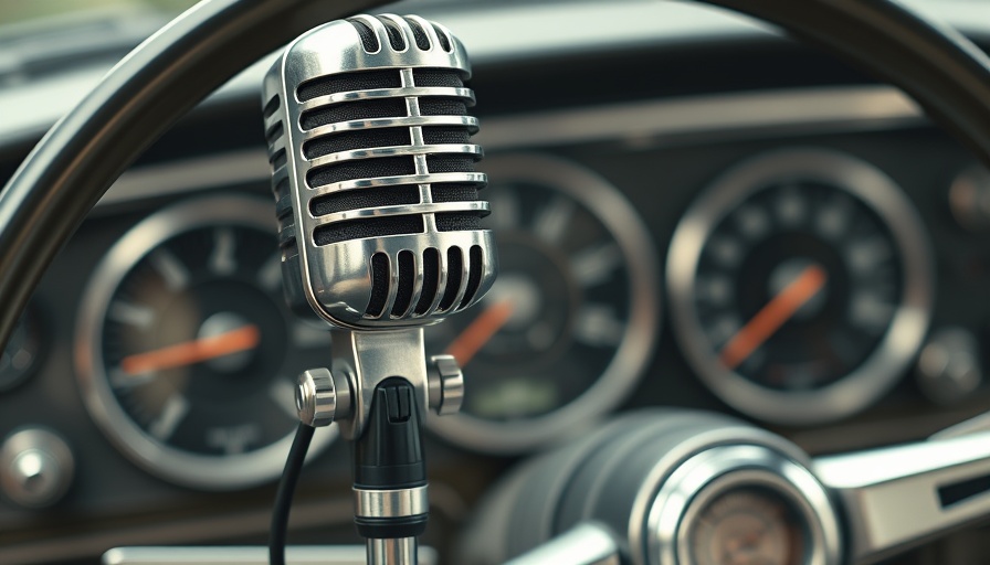 Classic microphone with vintage car dashboard promoting auto repair marketing.
