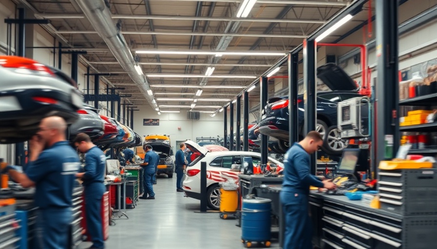 Mechanics working in a busy auto repair shop garage focused on repairs.