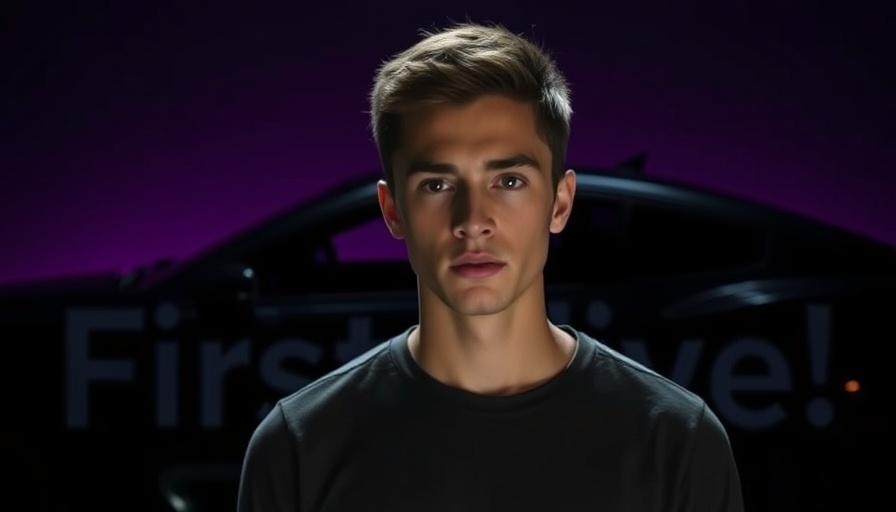 Young man in red sweatshirt in front of car silhouette with 'First Drive!' text.