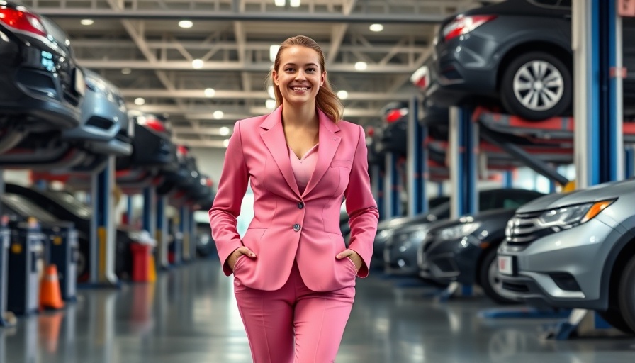 Newbie wins in automotive repair shown as confident advisor in repair shop.