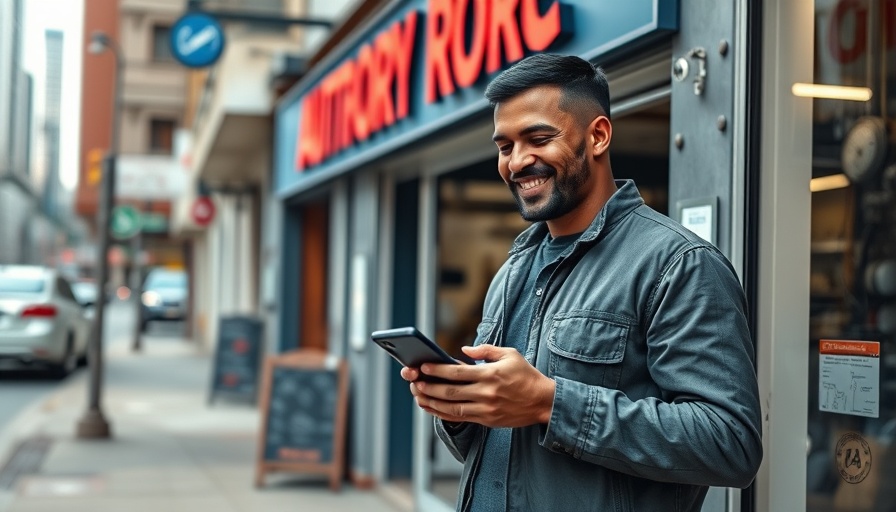 Man checks phone with auto repair shop in the background, winning reputation for auto repair shops.