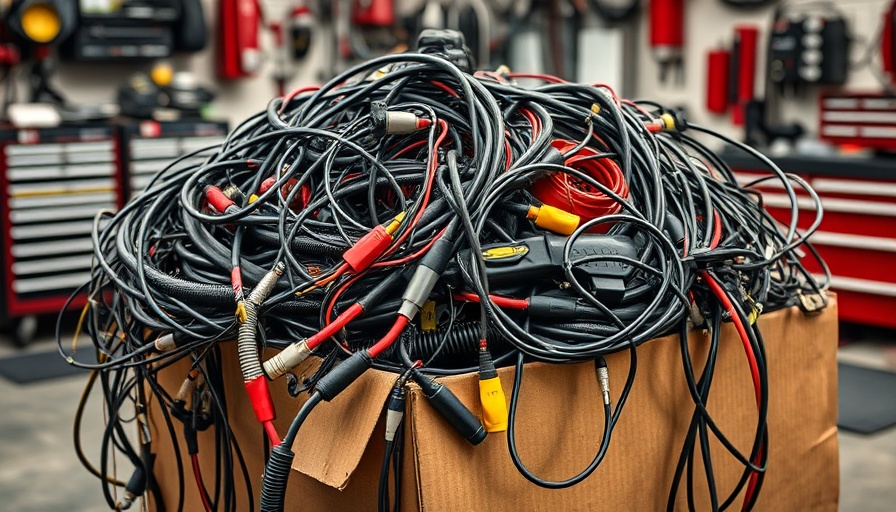 Tangled automotive wiring in a repair shop