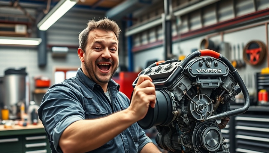 Excited mechanic presenting VR5 engine rebuild in workshop