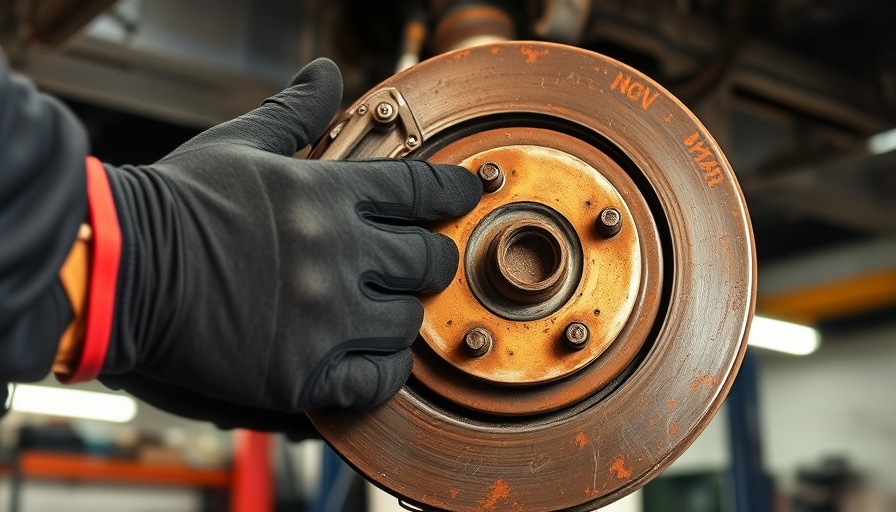 Mechanic fixing stuck brakes in garage, close-up view.