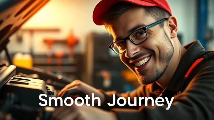 Smiling mechanic working on car engine for a smooth journey in vibrant workspace.