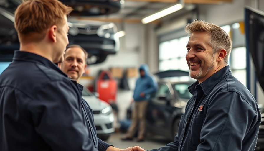 Smiling mechanic greeting customers at auto repair shop, engaging scene.