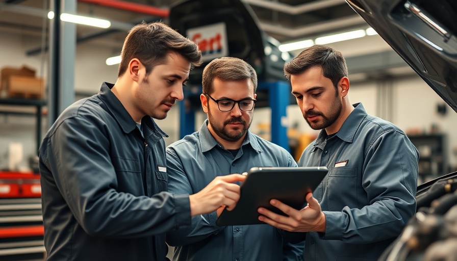 Newbie wins in automotive repair: team reviewing diagnostics in workshop.