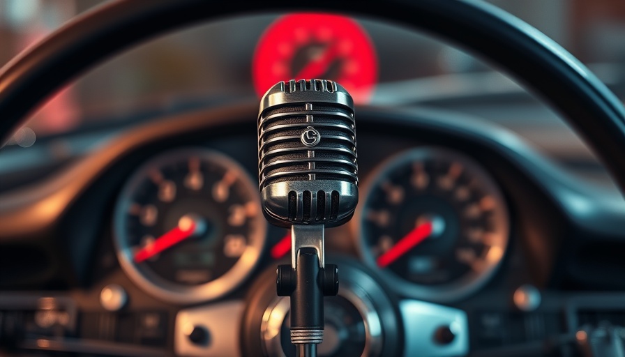 Microphone in front of car dashboard, marketing theme for local SEO strategies.
